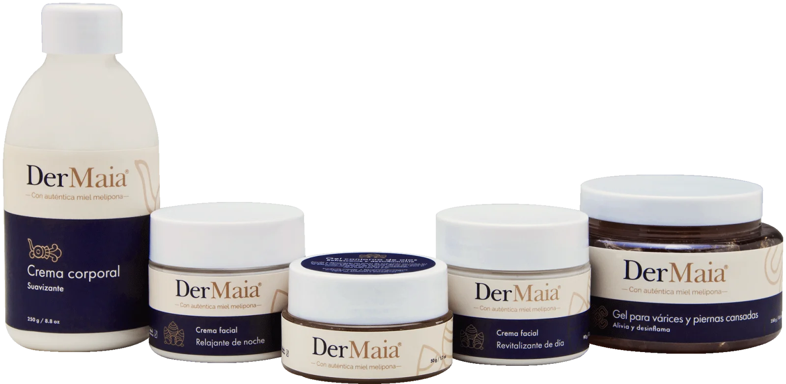 La línea DerMaia: crema corporal suavizante, cremas faciales de noche y de día, gel contorno de ojos y gel para várices y piernas cansadas